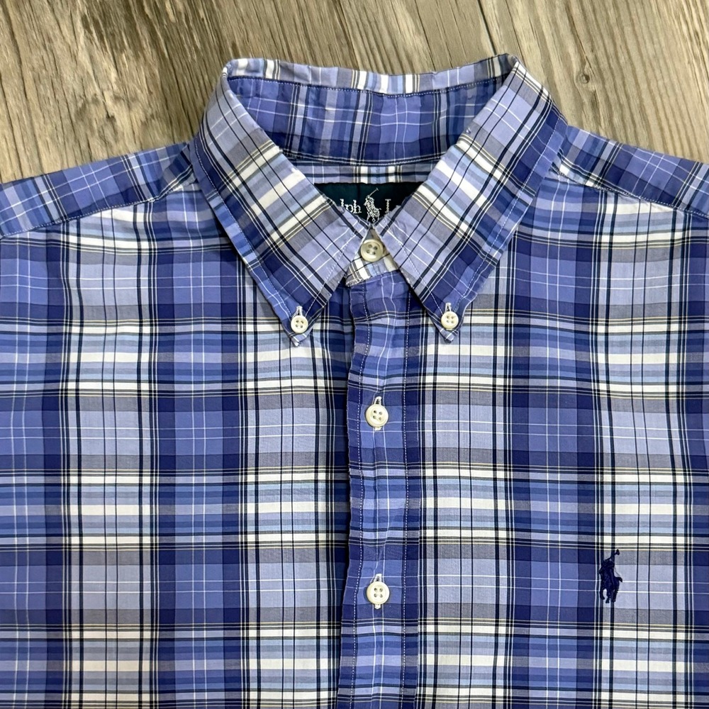 Ralph Lauren Classic Fit Plaid Button Down Shirt Men L Purple White Short Sleeve
